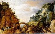 Joos de Momper mountainous landscape with horsemen and travellers crossing a bridge. oil on canvas